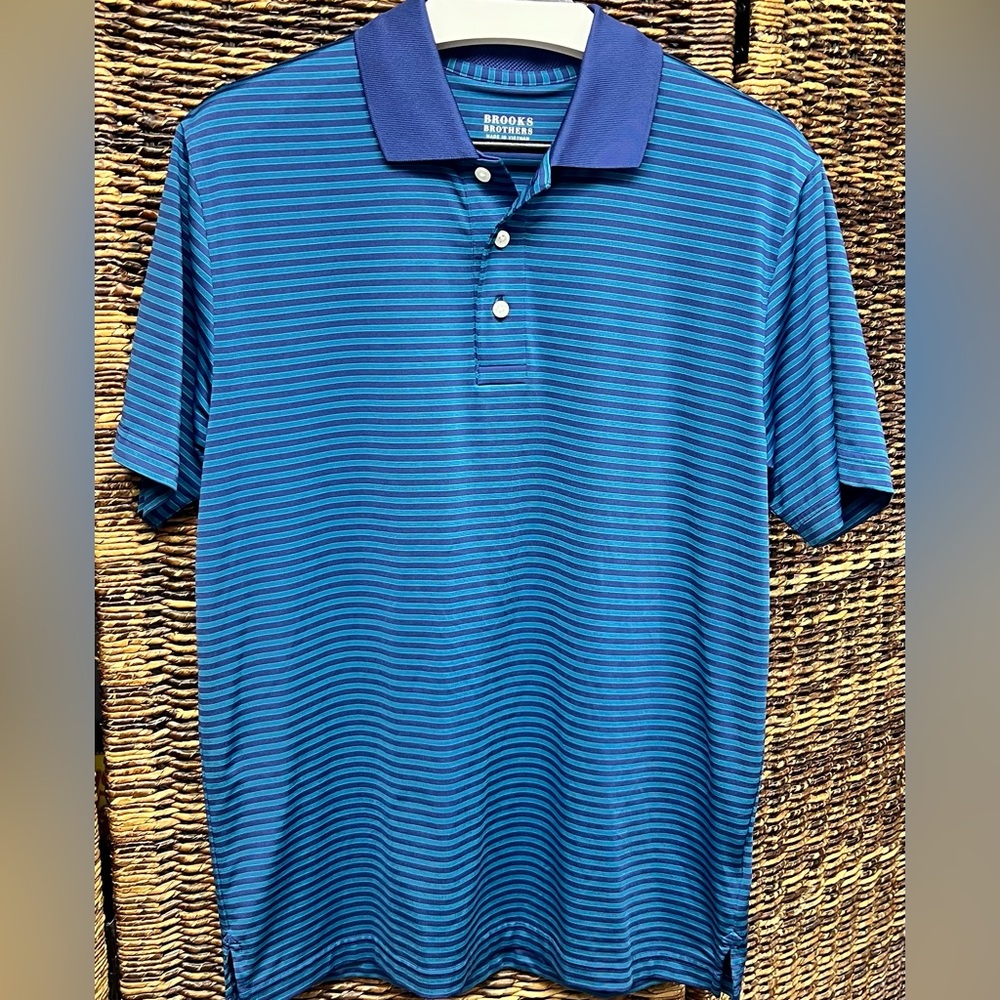 Brooks Brothers Blue Polo Shirt Classic Striped Design- Medium